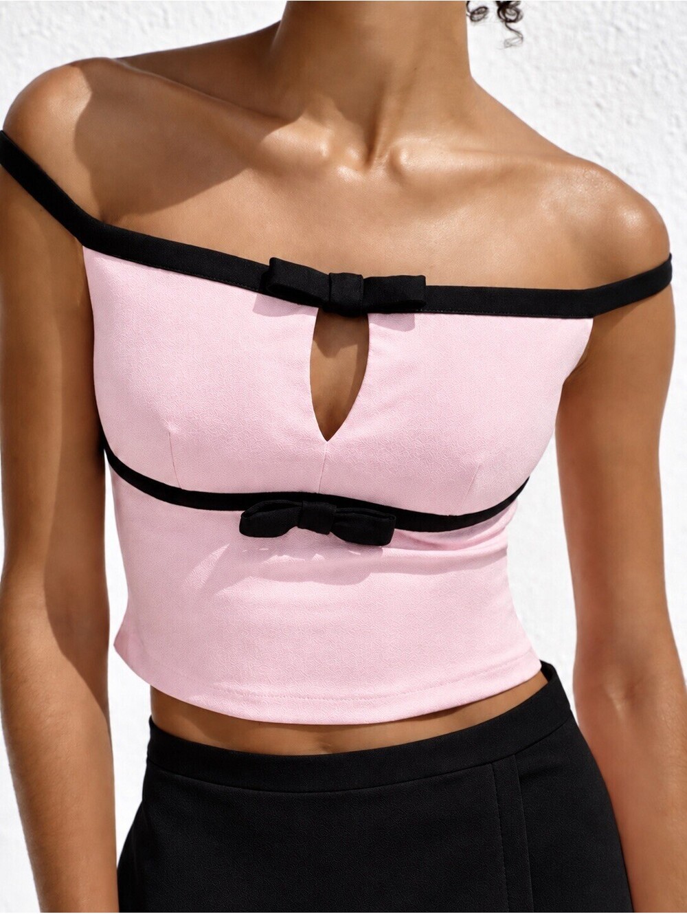 ZARA Women’s Pink Black Cut Out Bow Off Shoulder Crop Top Size L NWT